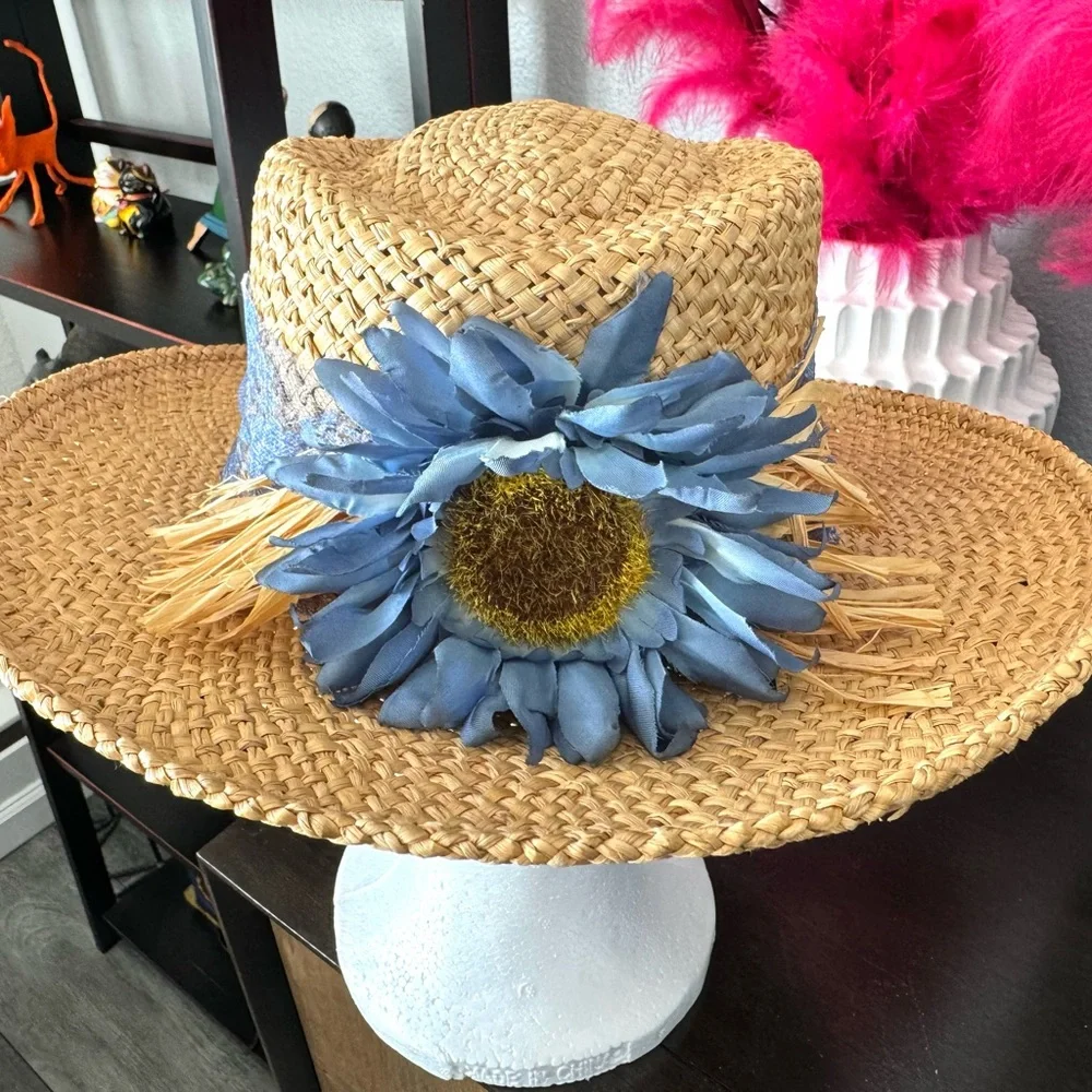 Blue Sunflower with Lace Sun Hat